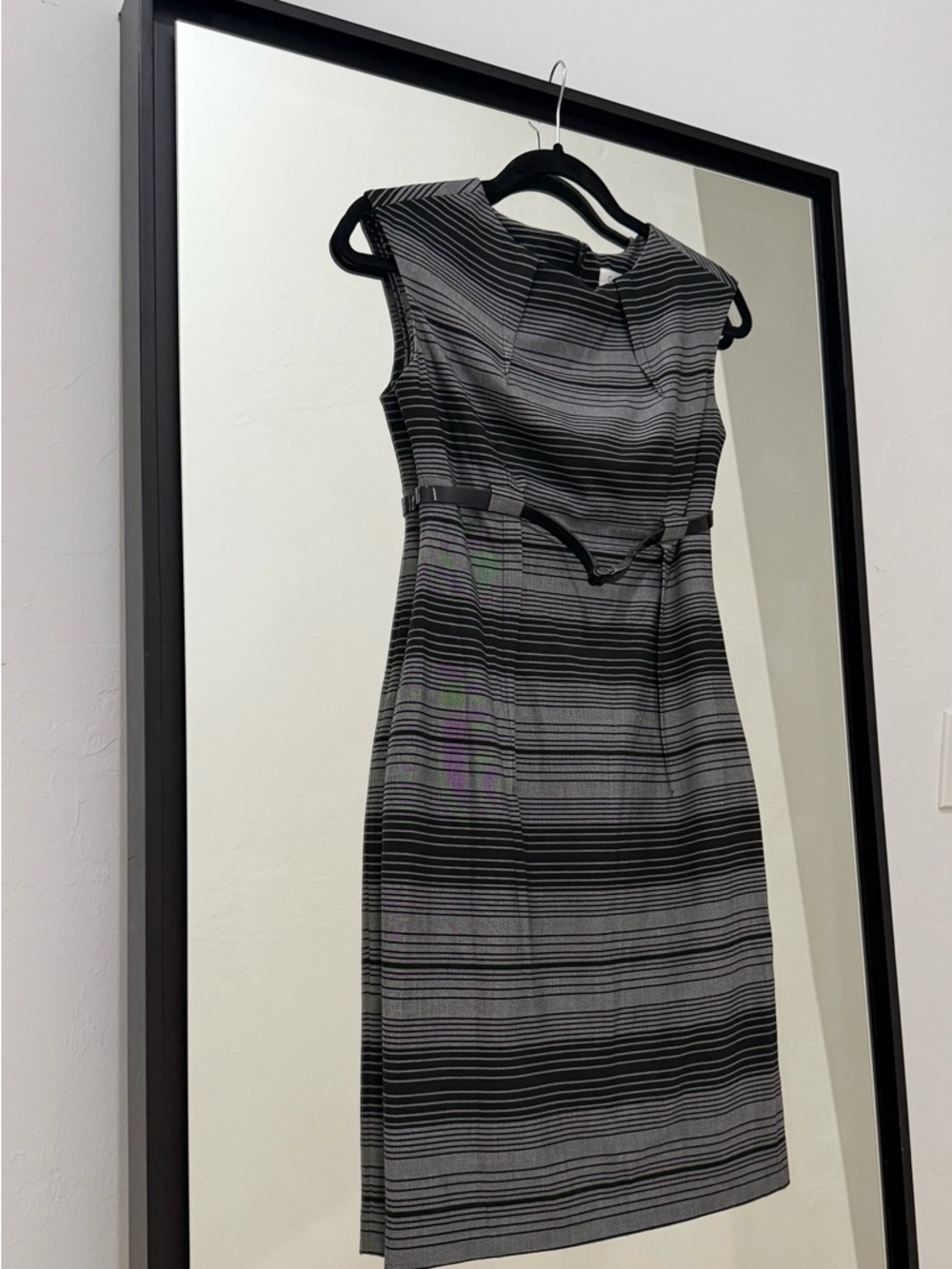 Calvin Klein Gray Black Striped Sheath Dress Size 2 Belted Pleated Sleeveless